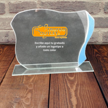 Placa homenaje cristal con detalle azul, 12.5 cm