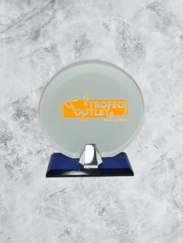 Troféu Outlet oferece vidro para gravação com base azul, 14 cm