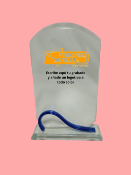 Trofeo cristal para grabado en oferta outlet con detalle en azul, 20 cm