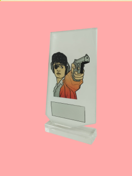 Trofeo de cristal con pistola para grabar, 19 cm