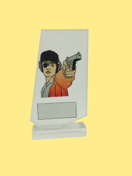 Trofeo de cristal con pistola para grabar, 19 cm
